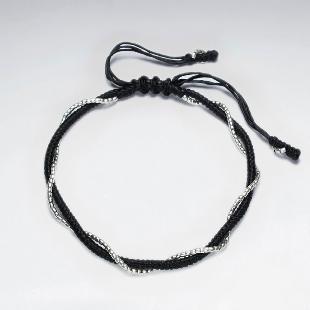 7"  Adjustable Black Macrame Waxed Cotton Bracelet With Antique Handmade Silver Beads