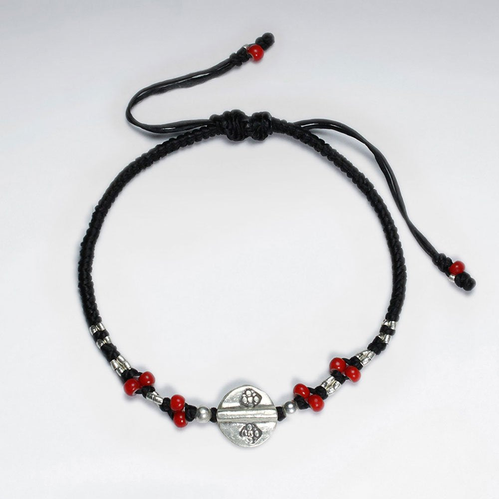 7"  Adjustable Black Macrame Waxed Cotton Bracelet With Antique Handmade Silver Disk Bead And Red Glass Beads