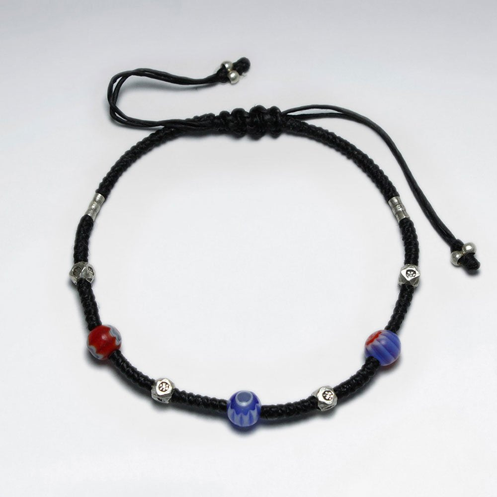 7"  Adjustable Black Macrame Waxed Cotton Bracelet With Antique Handmade Silver Beads And Millefiori Beaded