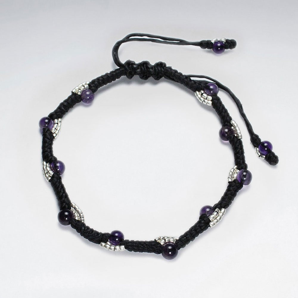 7"  Adjustable Black Macrame Waxed Cotton Bracelet With Antique Handmade Silver Beads