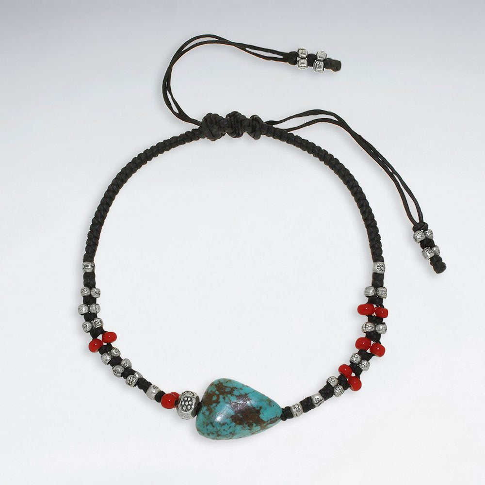 7"  Adjustable Black Macrame Waxed Cotton Bracelet With Antique Handmade Silver Beads And Turquoise