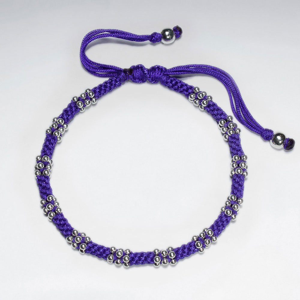7"  Adjustable Blue Macrame Waxed Cotton Bracelet With Silver Beads