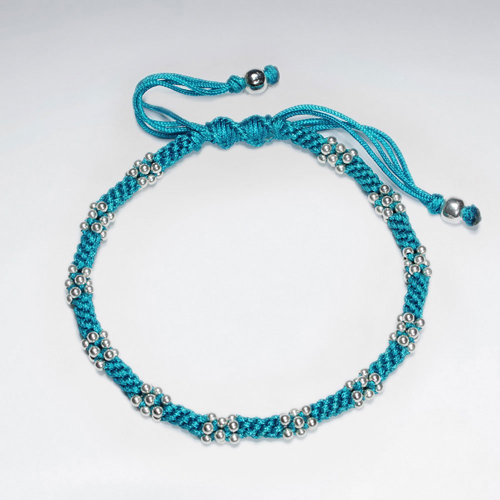 7"  Adjustable Blue Macrame Waxed Cotton Bracelet With Silver Beads