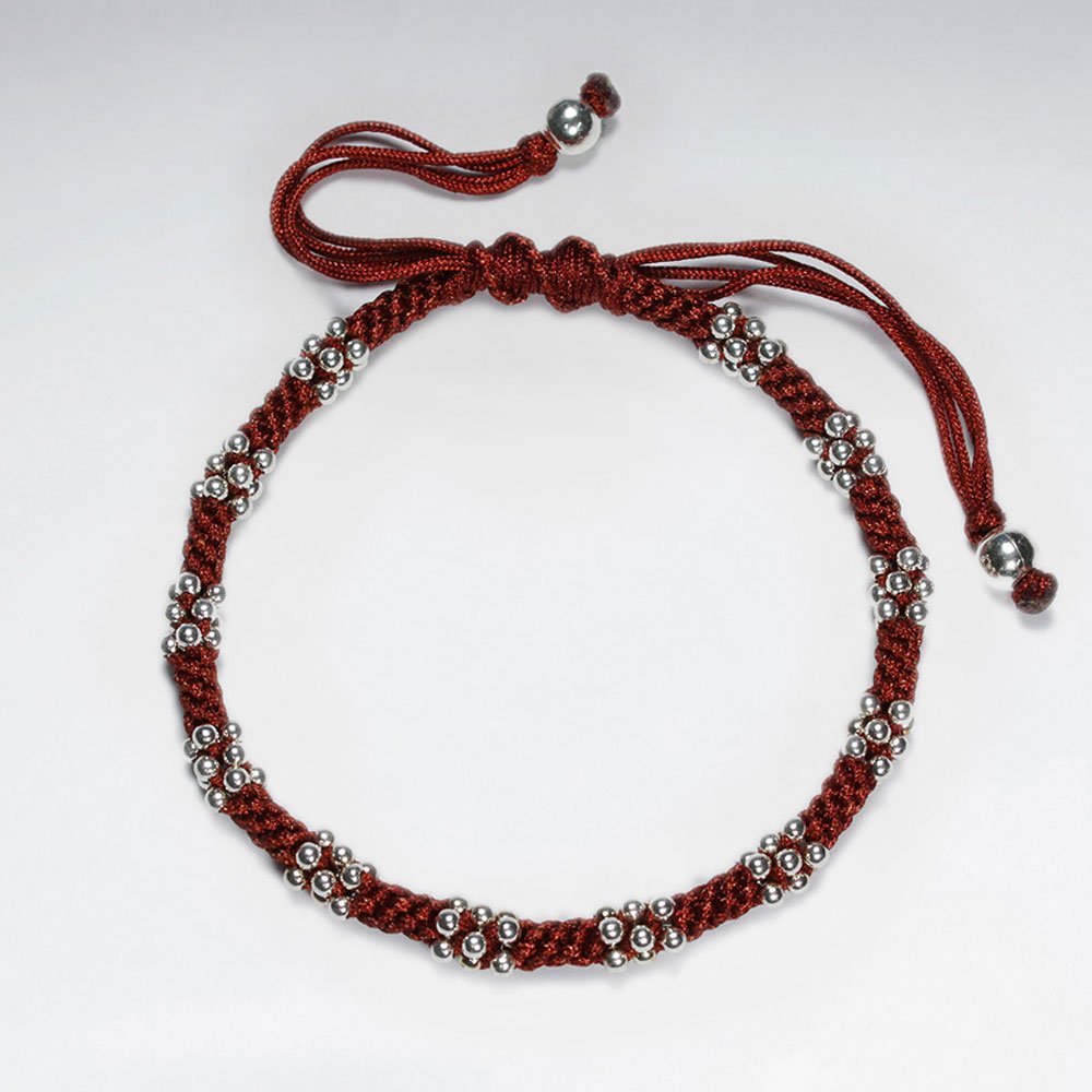 7"  Adjustable Blue Macrame Waxed Cotton Bracelet With Silver Beads