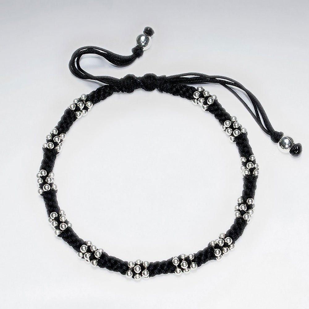 7"  Adjustable Blue Macrame Waxed Cotton Bracelet With Silver Beads