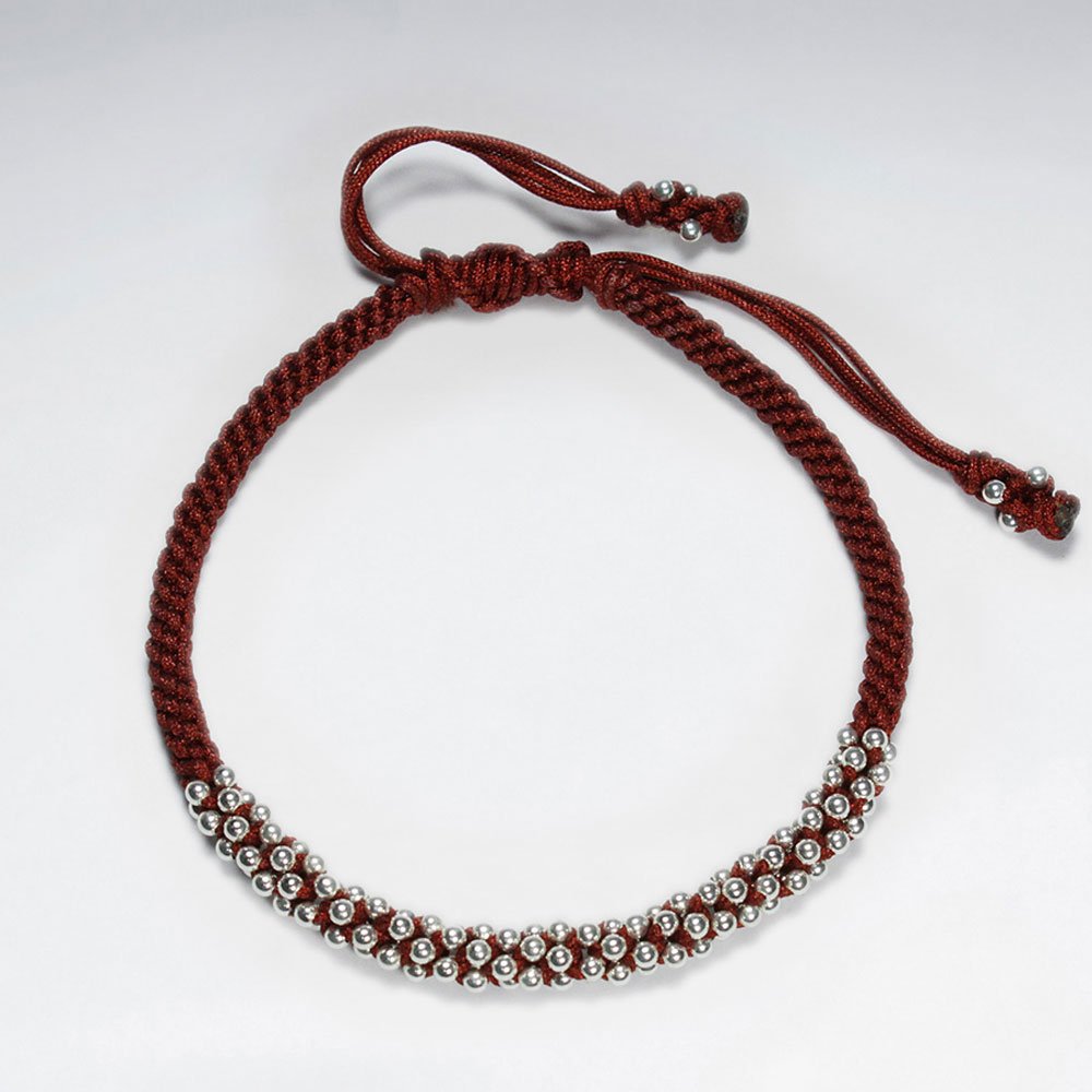 7"  Adjustable Orange Macrame Waxed Cotton Bracelet With Silver Beads