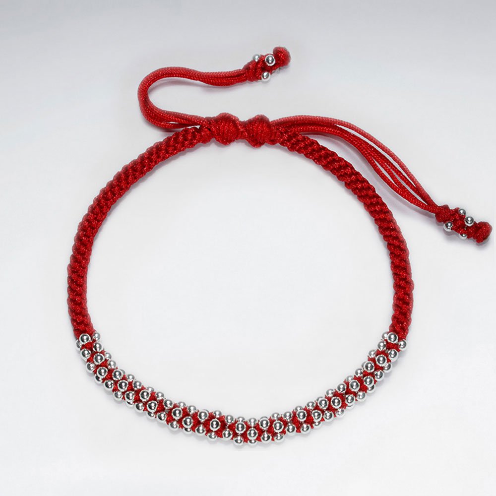 7"  Adjustable Orange Macrame Waxed Cotton Bracelet With Silver Beads