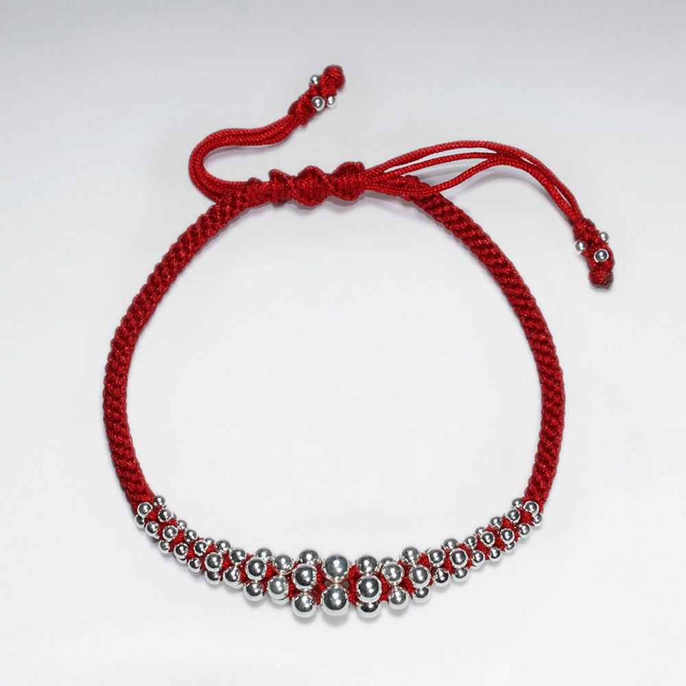 Adjustable Macrame Waxed Cotton Bracelet With Silver Beads