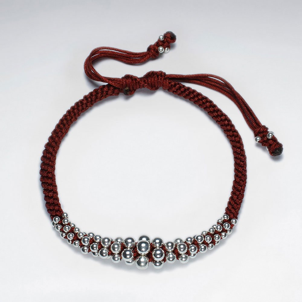Adjustable Macrame Waxed Cotton Bracelet With Silver Beads