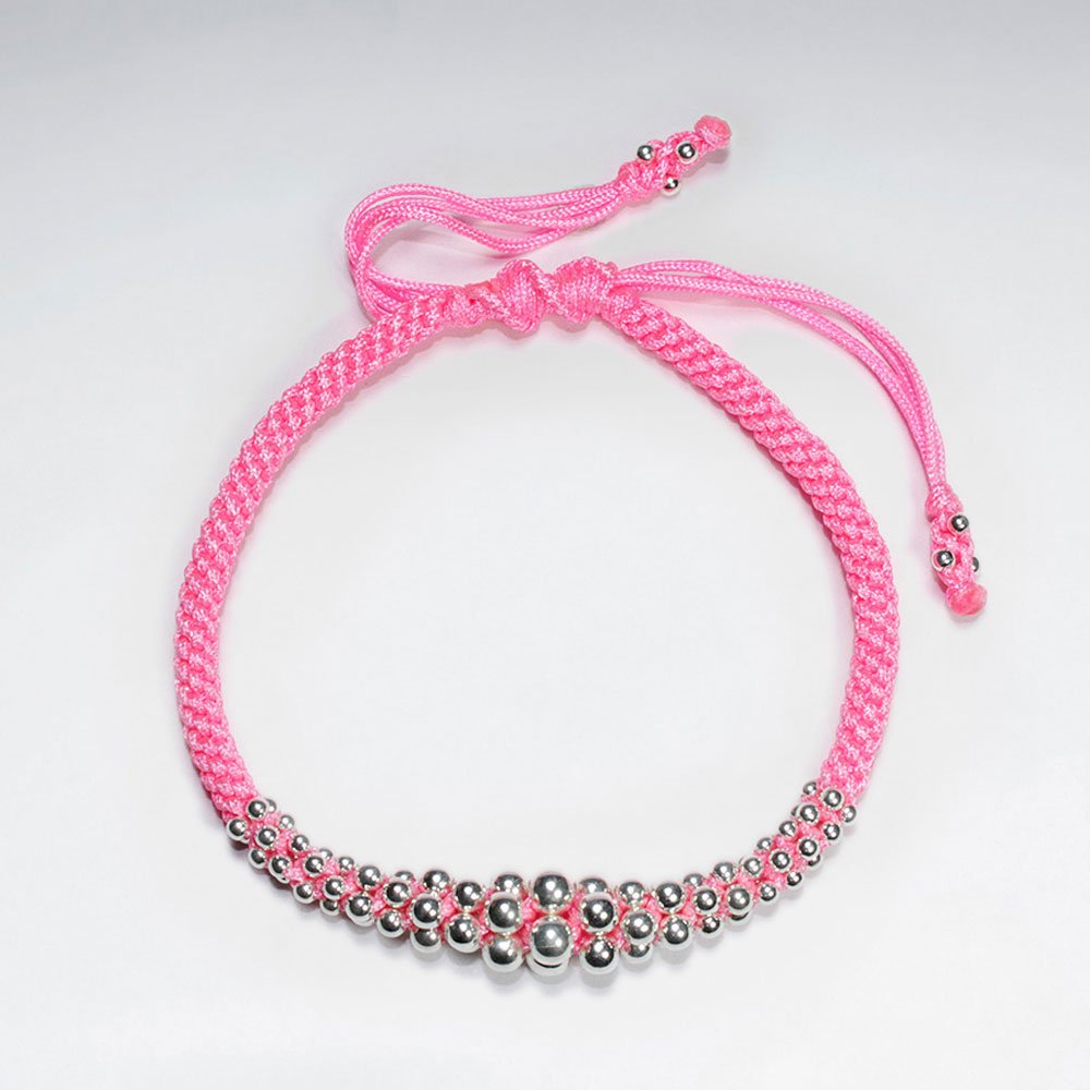 Adjustable Macrame Waxed Cotton Bracelet With Silver Beads