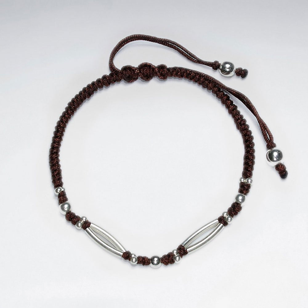 7" Adjustable Brown Macrame Waxed Cotton Bracelet With Antique Handmade Silver Curve Spacer