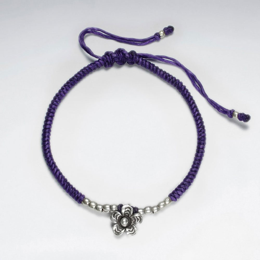 7" Adjustable Purple Macrame Waxed Cotton Bracelet With Antique Handmade Silver Flower Charm