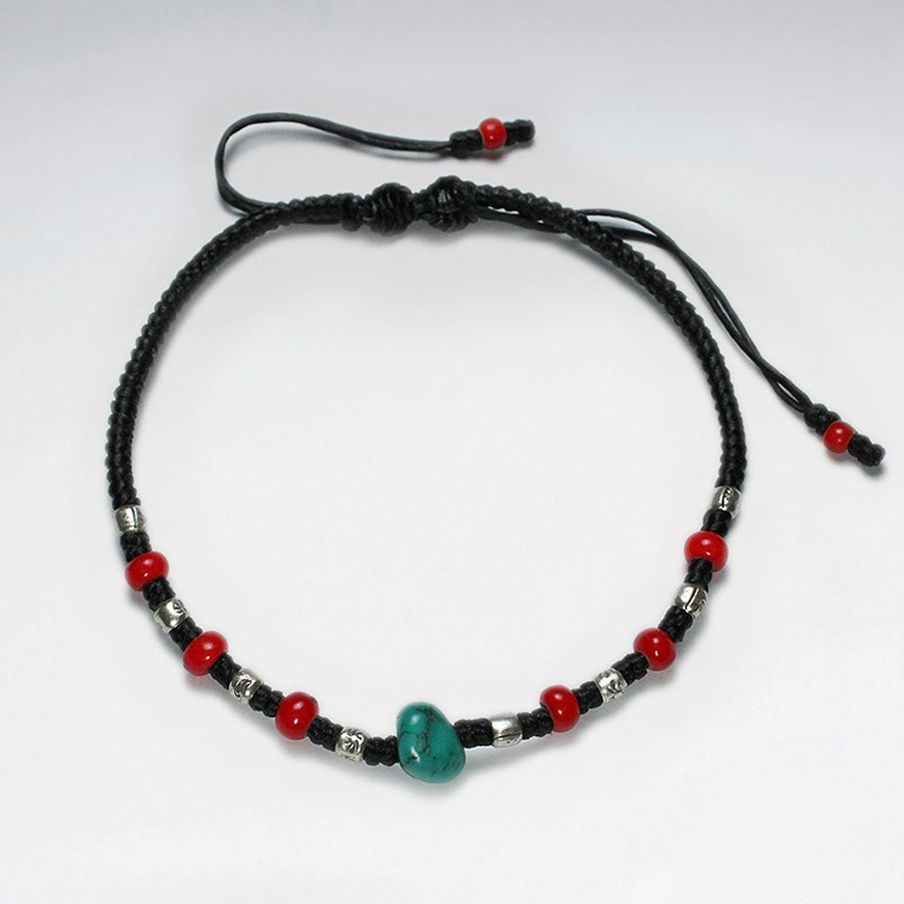 7" Adjustable Black Macrame Waxed Cotton Bracelet With Antique Handmade Silver Beads Red Glass Beads And Turquoise