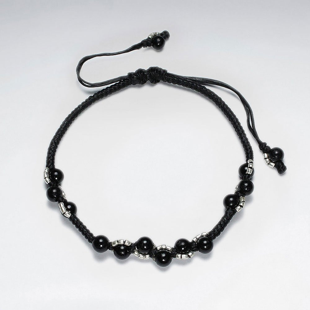 7" Adjustable Black Macrame Waxed Cotton Bracelet With Antique Handmade Silver Beads