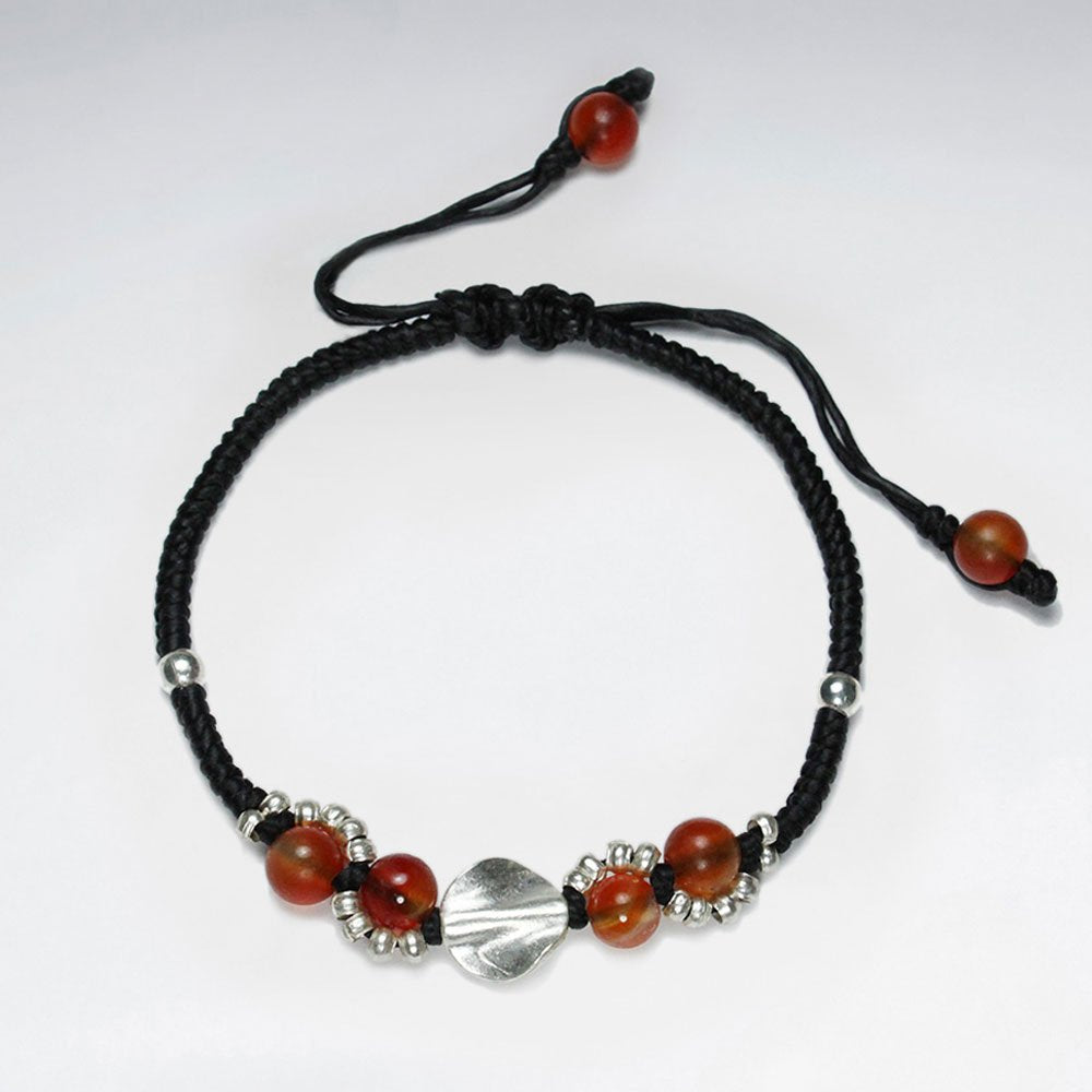7" Adjustable Black Macrame Waxed Cotton Bracelet With Antique Handmade Silver Beads