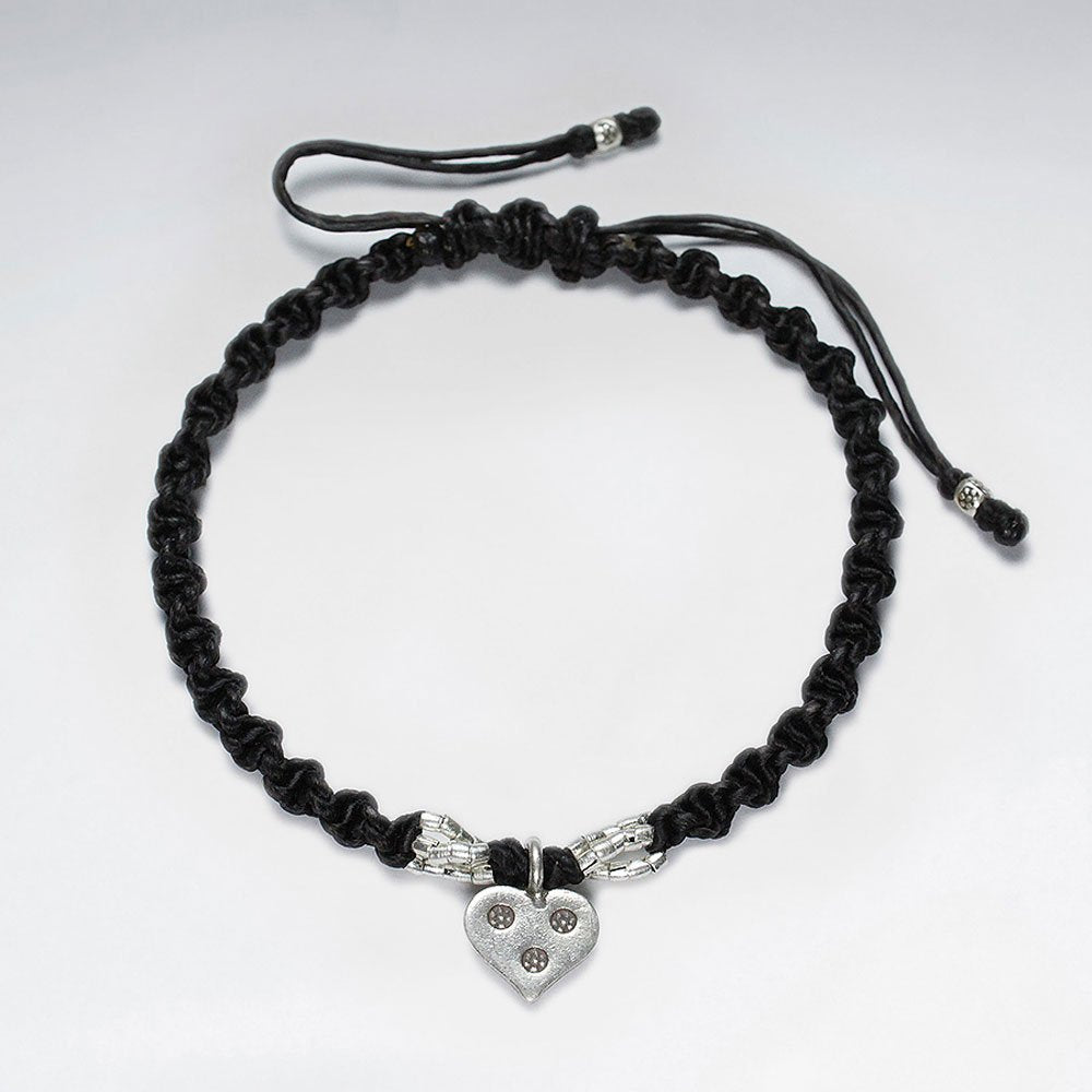 7" Adjustable Brown Macrame Waxed Cotton Bracelet With Antique Handmade Silver Charm
