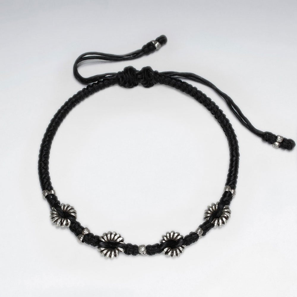 7" Adjustable Black Macrame Waxed Cotton Bracelet With Antique Handmade Silver Donut Beads