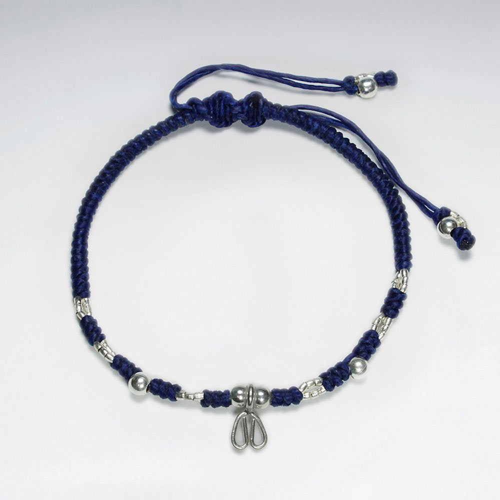 7" Adjustable Blue Macrame Waxed Cotton Bracelet With Antique Handmade Silver Heart Shape
