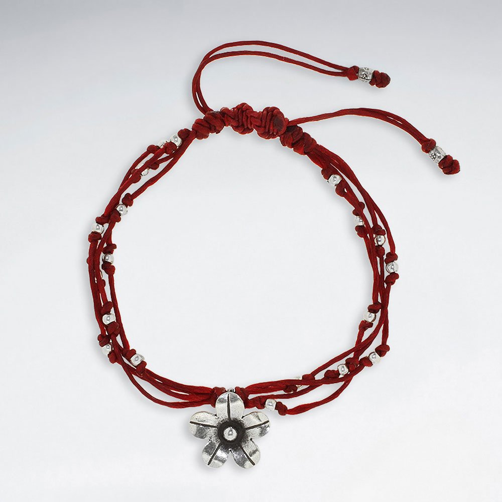 7" Adjustable Orange Macrame Waxed Cotton Bracelet With Antique Handmade Silver Flower