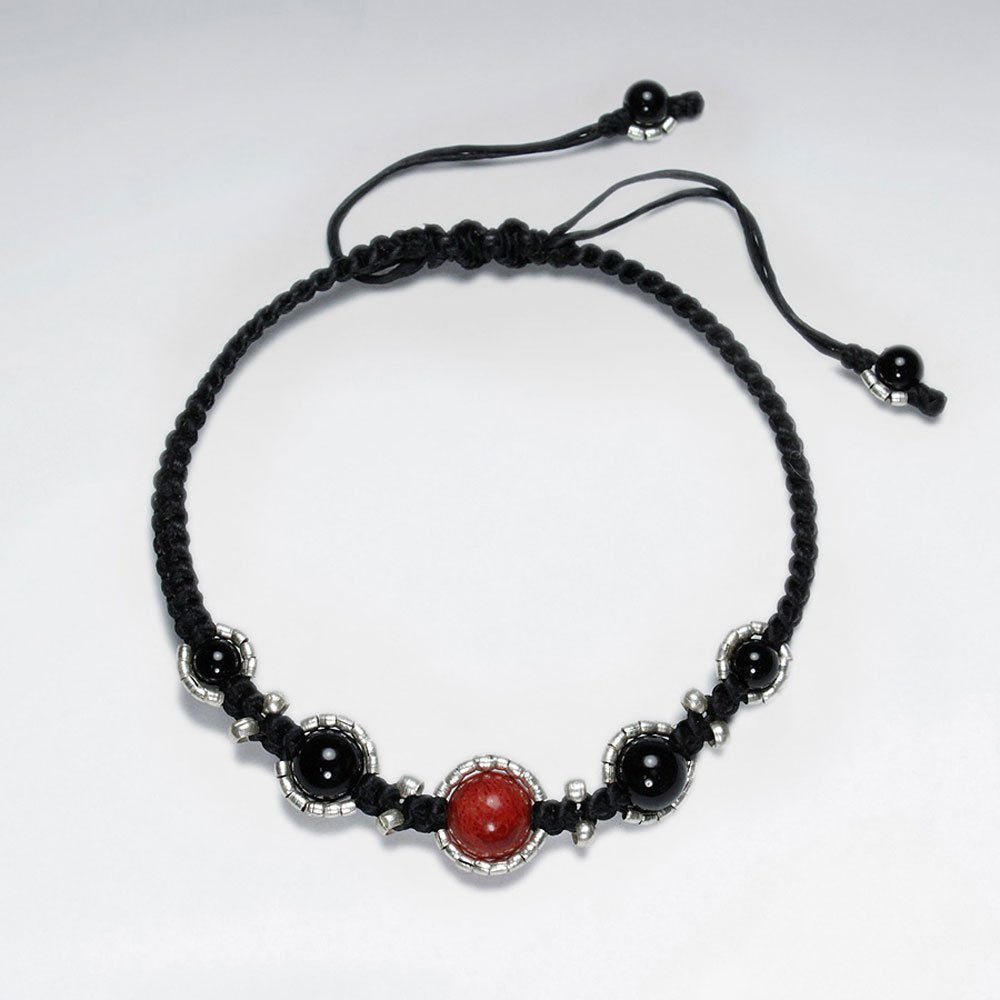 7" Adjustable Black Macrame Waxed Cotton Bracelet With Black Stone