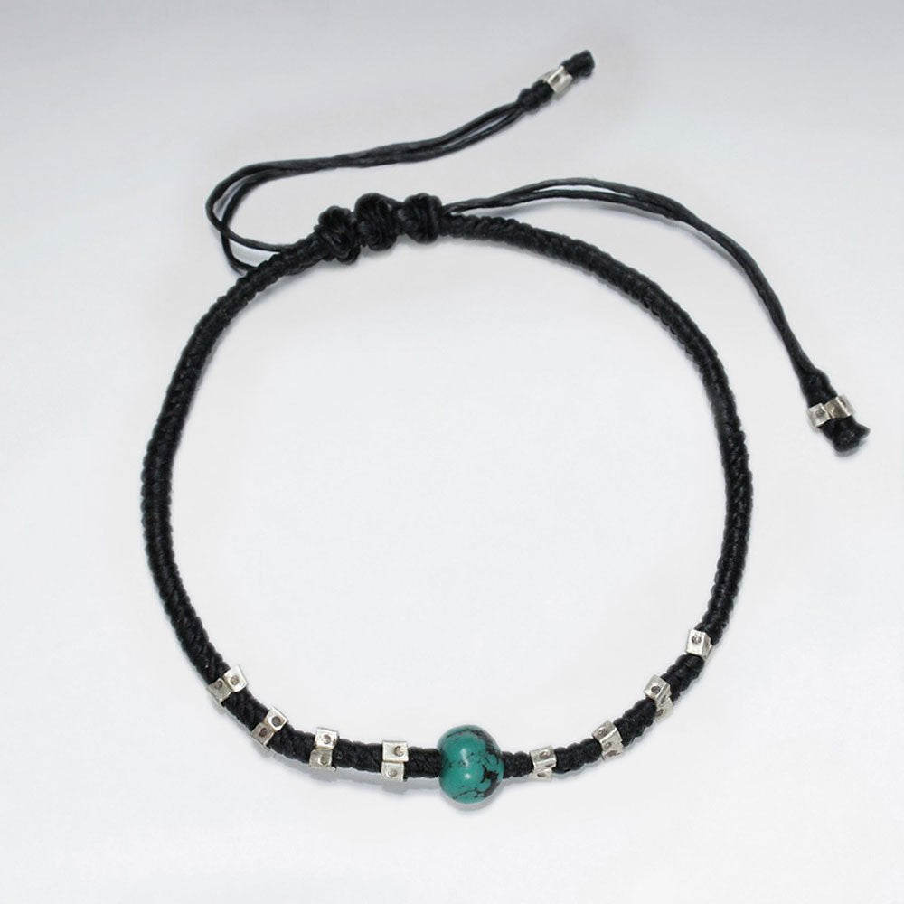 7" Adjustable Black Macrame Waxed Cotton Bracelet With Antique Handmade Silver Beads