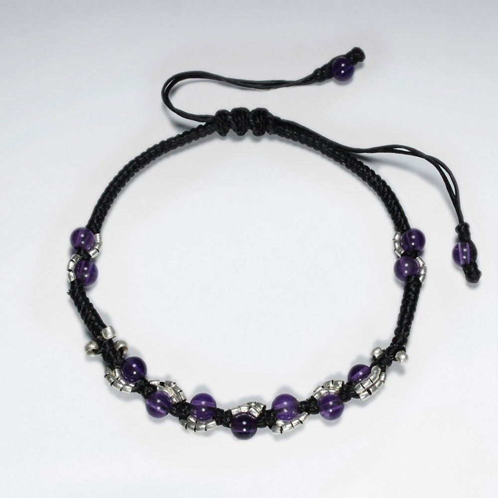 7" Adjustable Black Macrame Waxed Cotton Bracelet With Antique Handmade Silver Beads