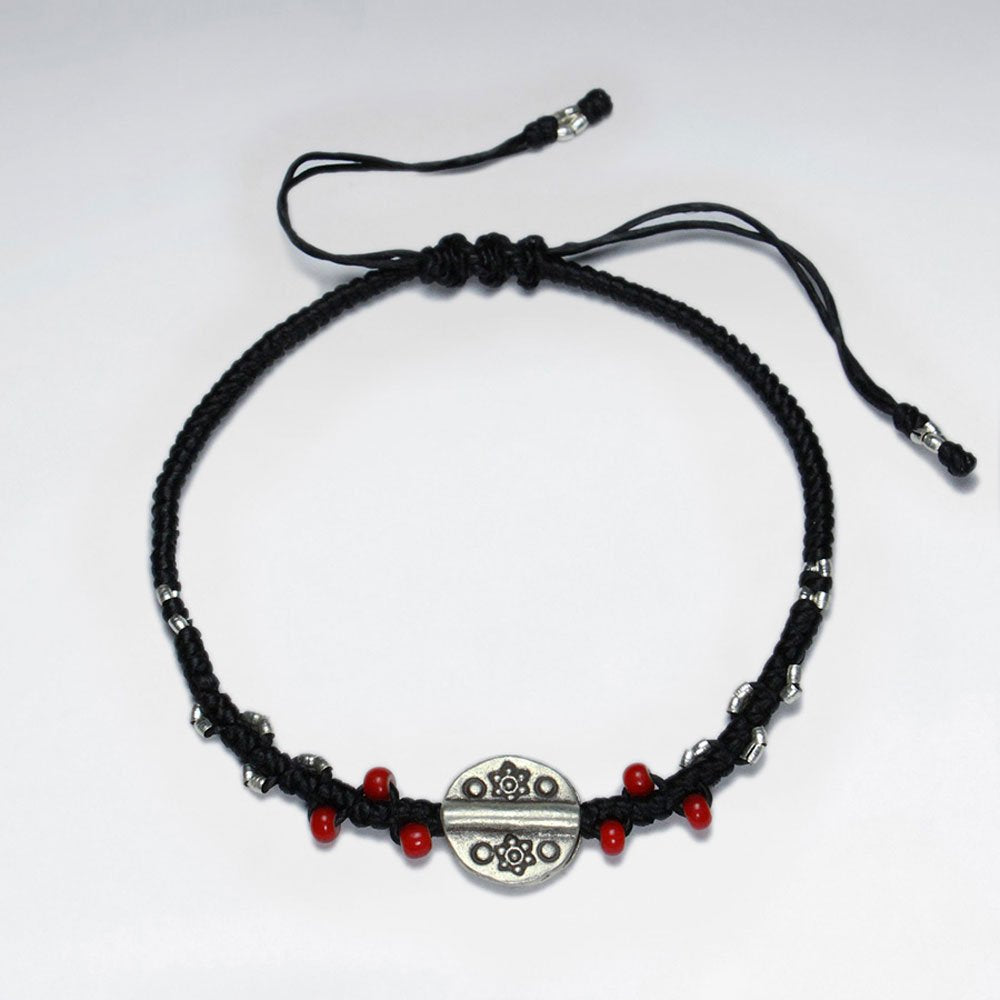 7" Adjustable Black Macrame Waxed Cotton Bracelet With Antique Handmade Silver Bead And Red Glass Beads