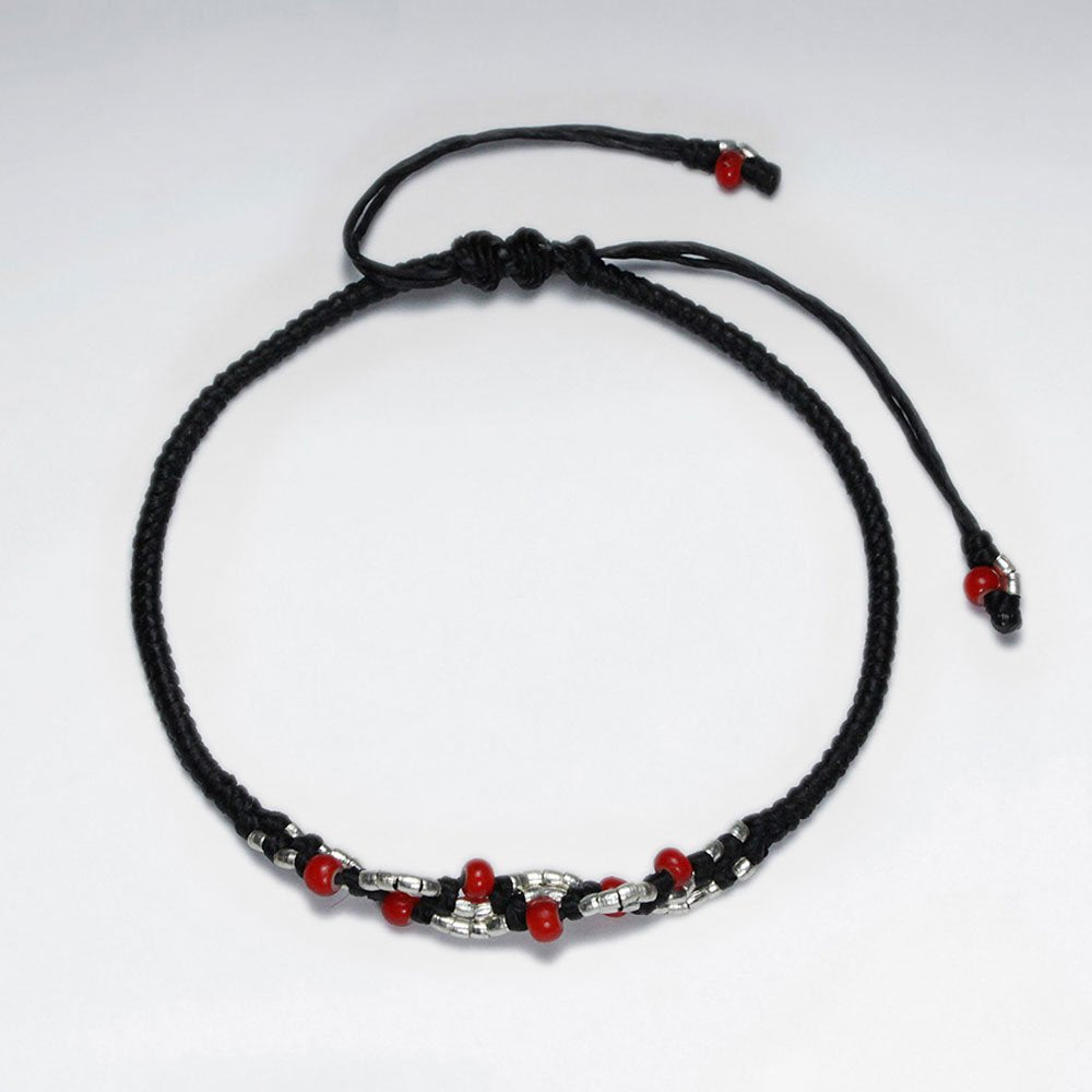 7" Adjustable Black Macrame Waxed Cotton Bracelet With Antique Handmade Silver Bead And Redd Glass Beads