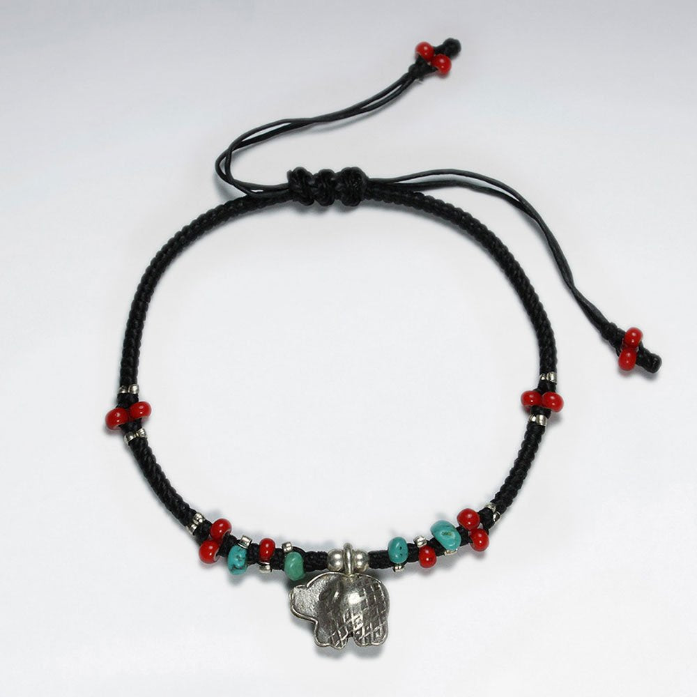 7" Adjustable Black Macrame Waxed Cotton Bracelet With Antique Handmade Silver Elephant Charm