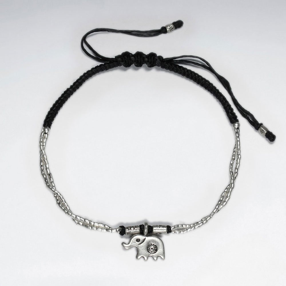 7" Adjustable Black Macrame Waxed Cotton Bracelet With Antique Handmade Silver Flat Elephant Charm