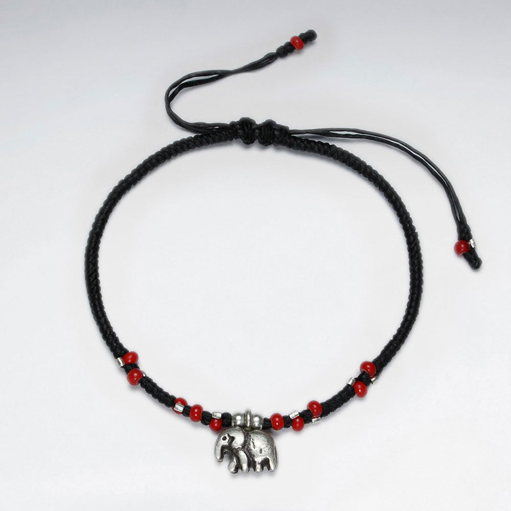 7" Adjustable Black Macrame Waxed Cotton Bracelet With Antique Handmade Silver Elephant Charm And Red Glass Bead