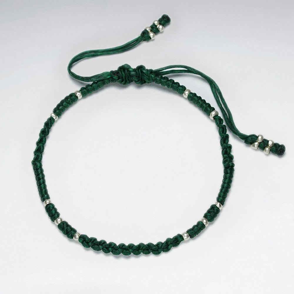 7" Adjustable Green Macrame Waxed Cotton Bracelet With Antique Handmade Silver Beads