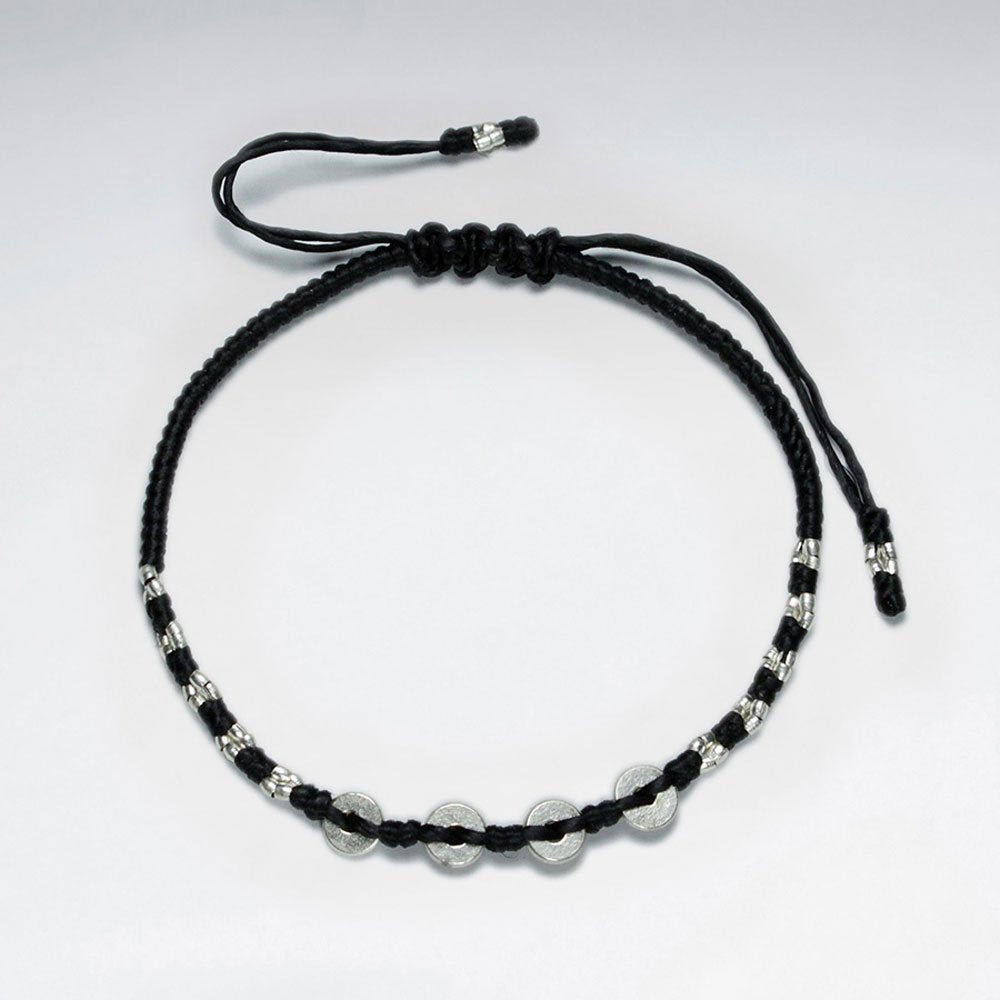 7" Adjustable Black Macrame Waxed Cotton Bracelet With Antique Handmade Silver Donut Beads
