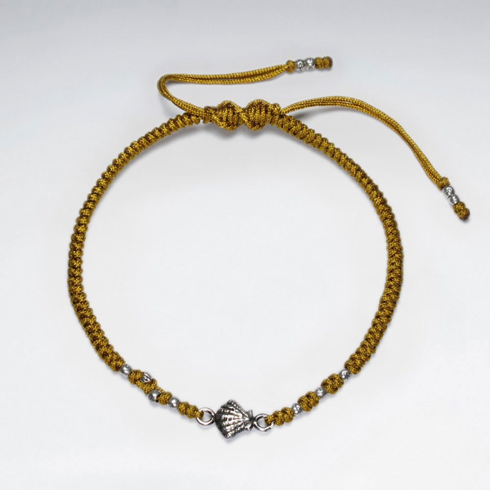 7" Adjustable Green Macrame Bracelet With Shell Silver Charm
