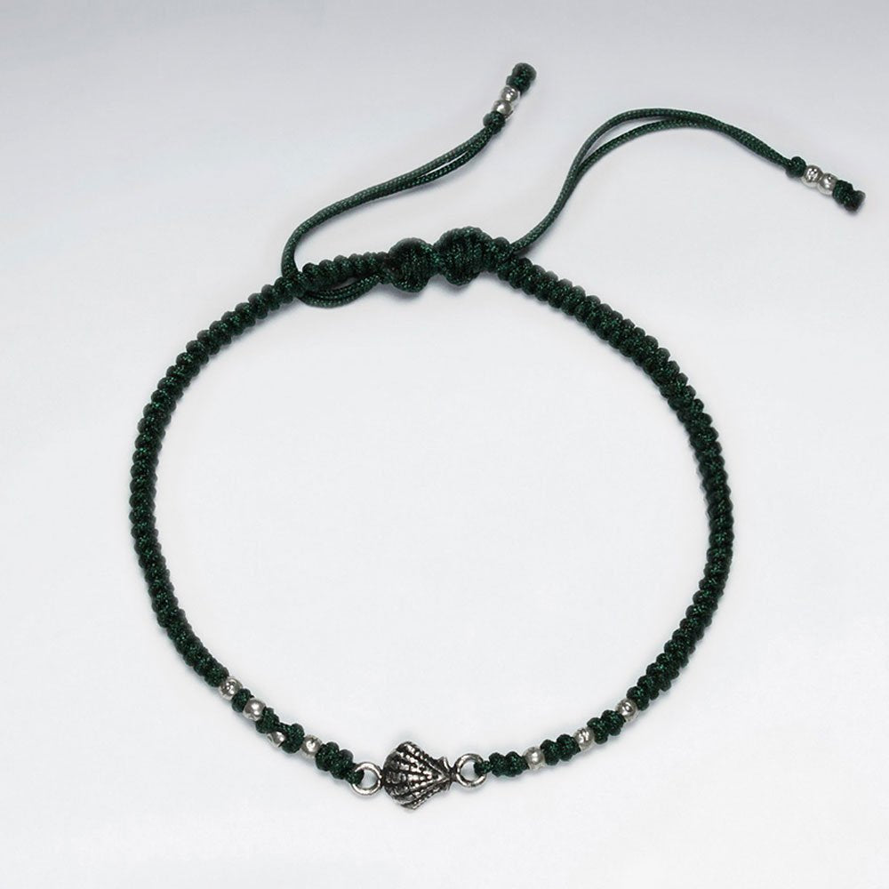 7" Adjustable Green Macrame Bracelet With Shell Silver Charm