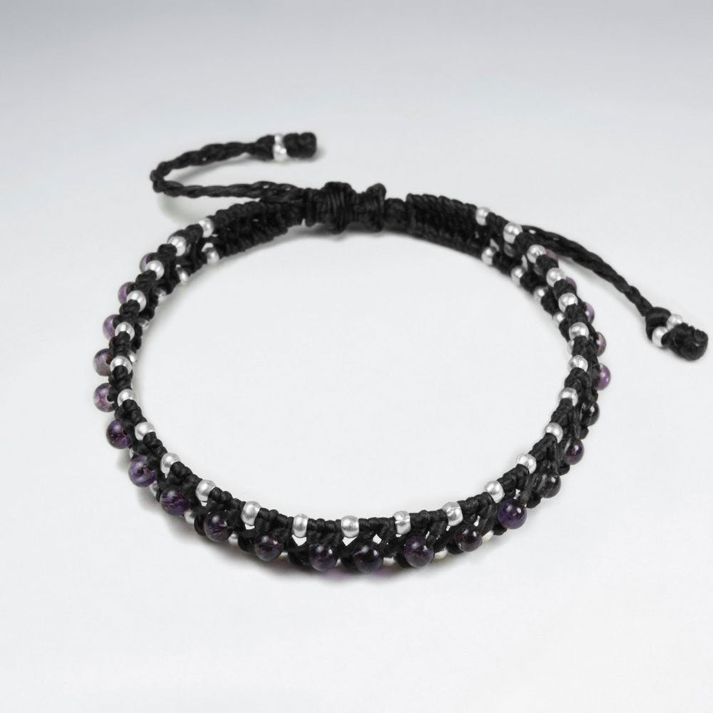7 '' Adjustable Black Macrame Waxed Cotton Double Cord Bracelet With Amethyst and Silver Beads