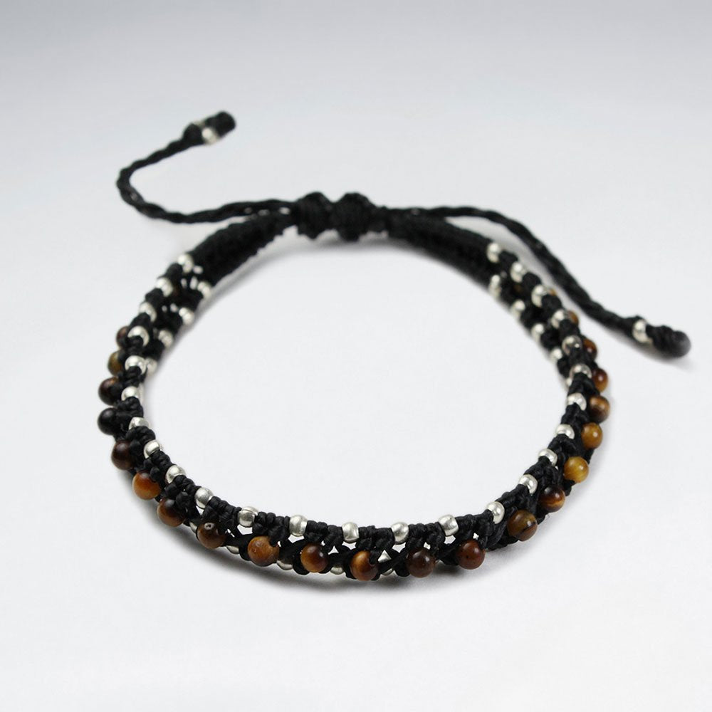 7 '' Adjustable Black Macrame Waxed Cotton Double Cord Bracelet With Amethyst and Silver Beads