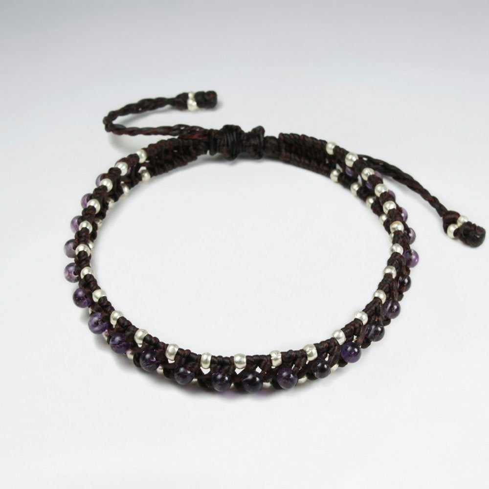 7 '' Adjustable Black Macrame Waxed Cotton Double Cord Bracelet With Amethyst and Silver Beads