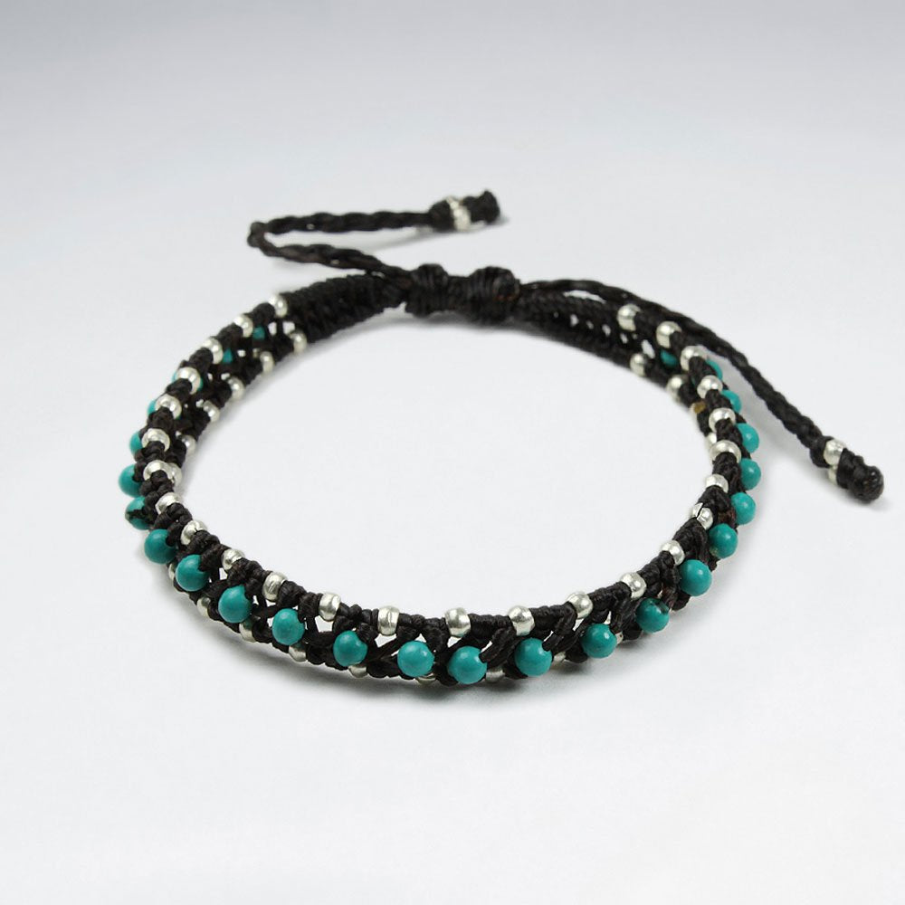 7 '' Adjustable Brown Macrame Waxed Cotton Double Cord Bracelet With Turquoise Beads and  Silver Beads