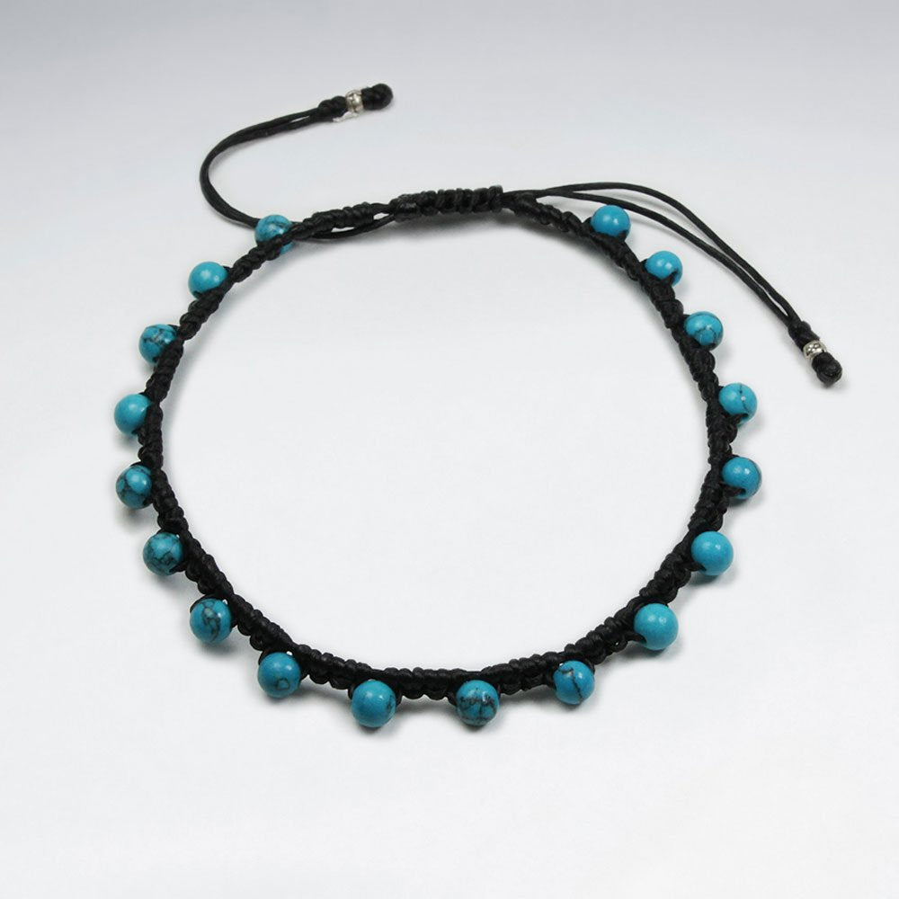 7 '' Adjustable Black Macrame Waxed Cotton Cord Bracelet With Blue Turquoise