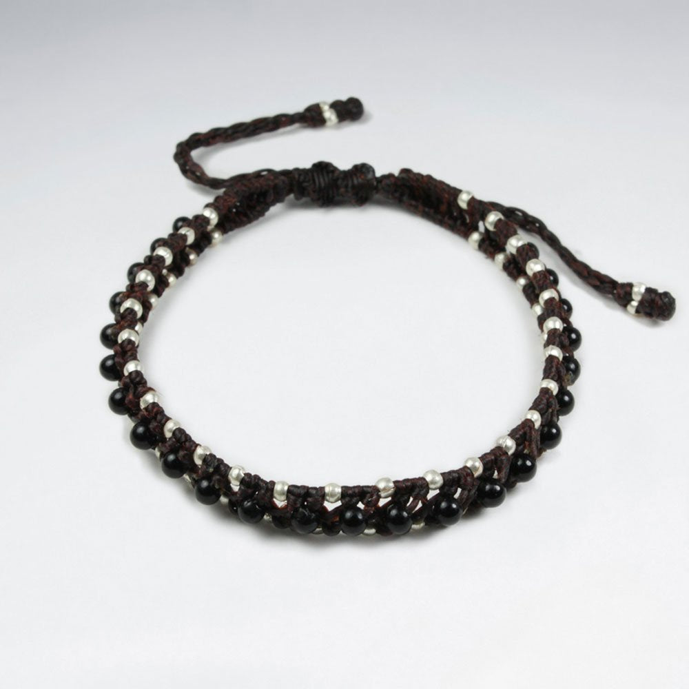 7 '' Adjustable Brown Macrame Waxed Cotton Double Cord Bracelet  With Black Stone and Silver Beads