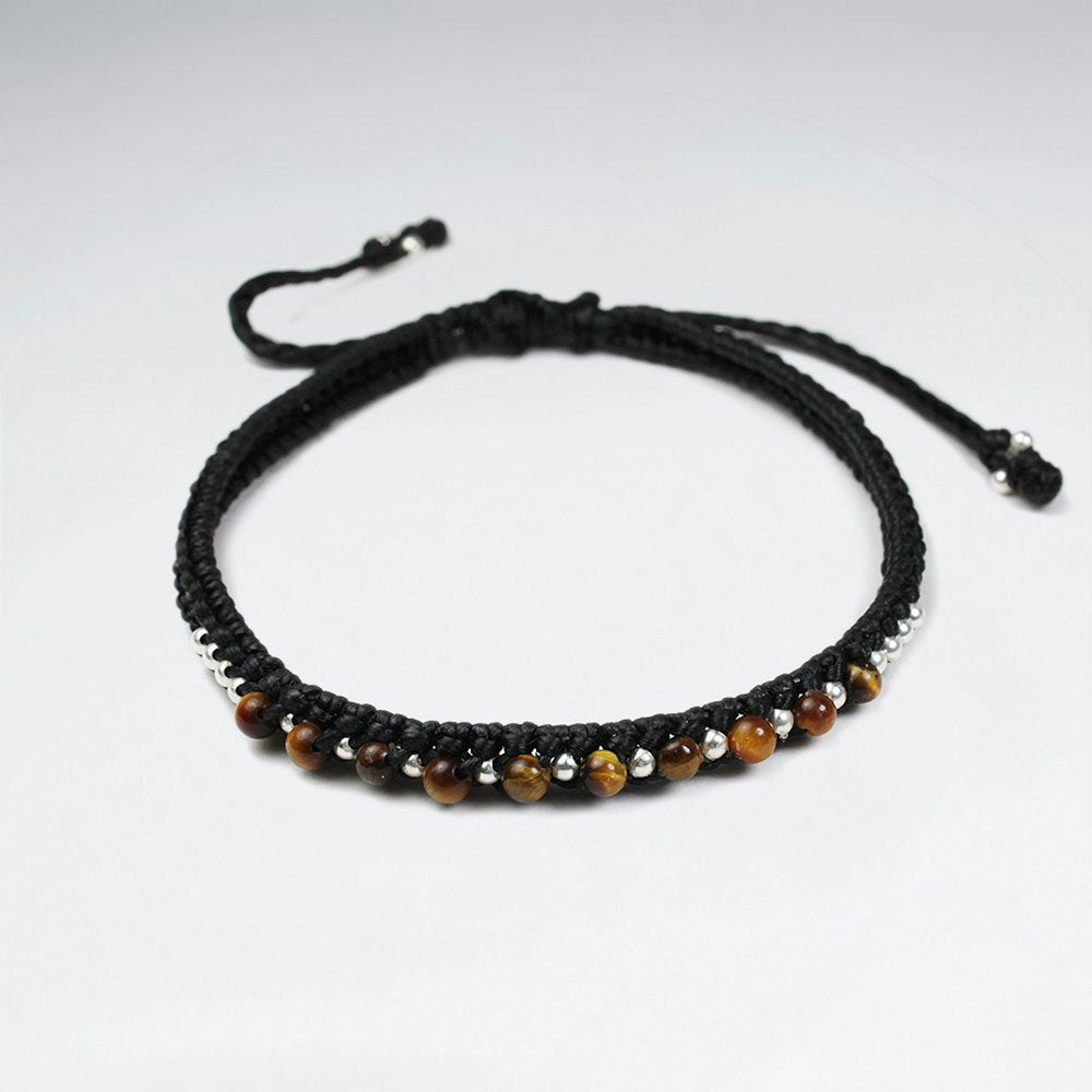 7 '' Adjustable Black Macrame Waxed Cotton Cord Bracelet With Tiger Eye and Silver Beads