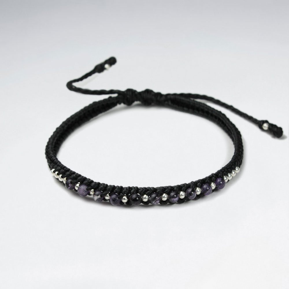 7 '' Adjustable Black Macrame Waxed Cotton Cord Bracelet With Amethyst and Silver Beads