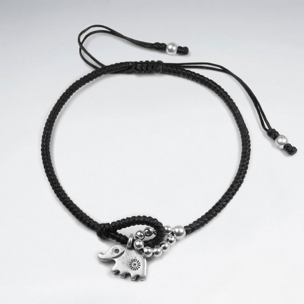 7 '' Adjustable Black Waxed Cotton Macrame Bracelet Pattern Silver Beads and Loop With Elephant Accent Charm