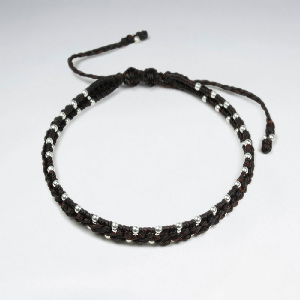 7 '' Adjustable Brown Macrame Waxed Double Cotton Cord Bracelet  With Woven Silver Charms