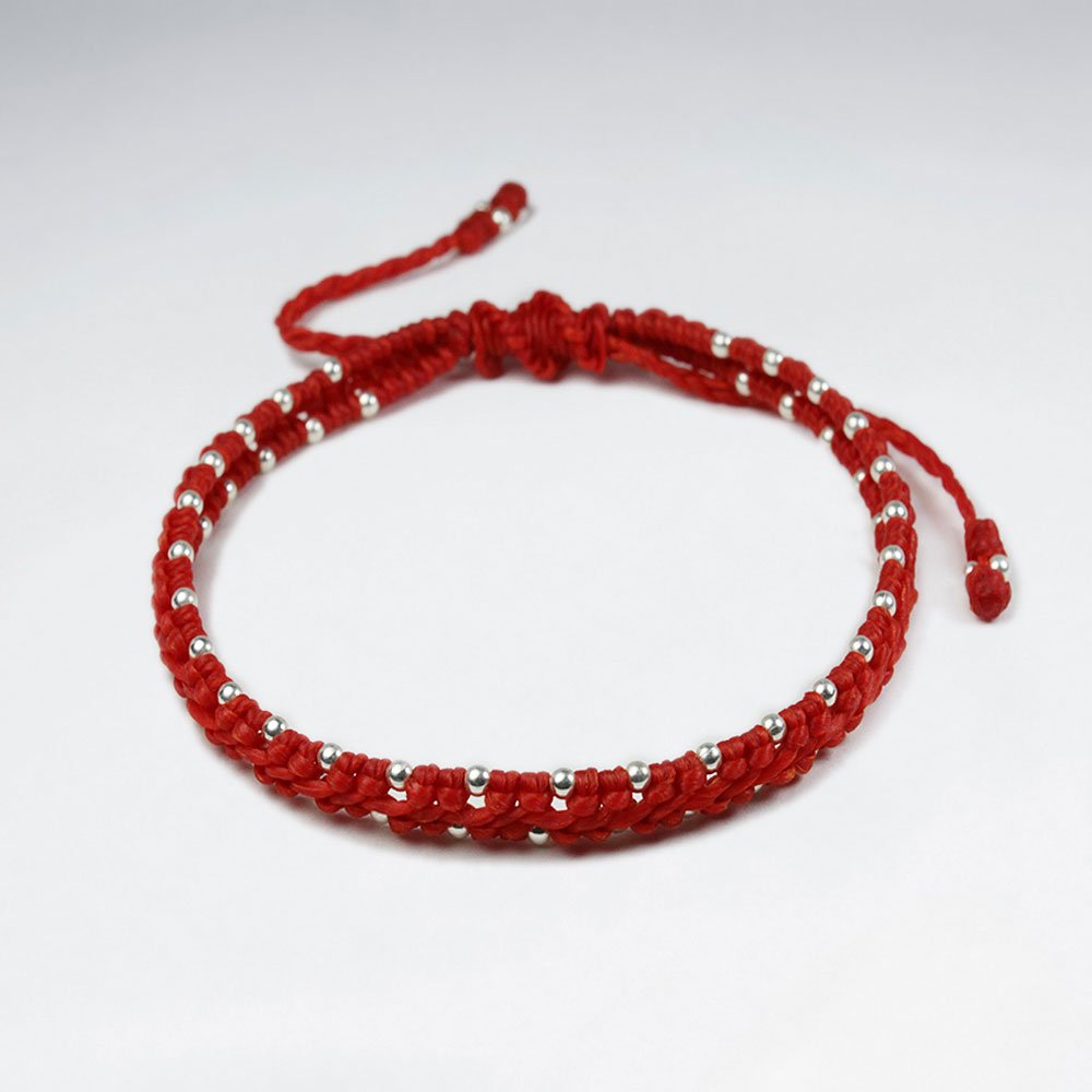 7 '' Adjustable Brown Macrame Waxed Double Cotton Cord Bracelet  With Woven Silver Charms