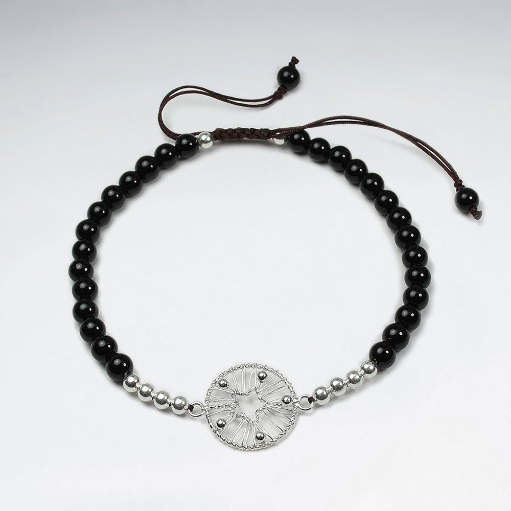 7 '' Adjustable Black Stone Macrame Waxed Cotton Bracelet With Silver Beads and Wirework Circle Star Cutout Charm
