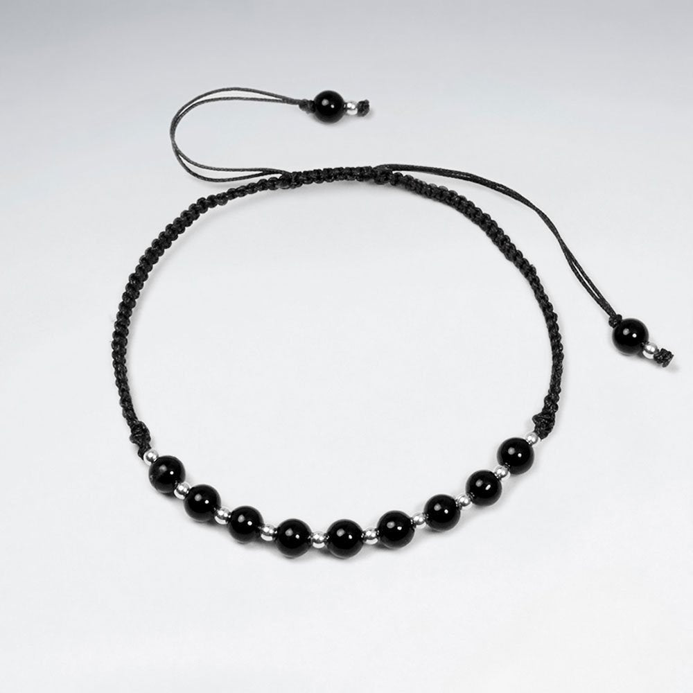 Adjustable Black Stone and Alternating Silver Charm Waxed Cotton Macrame Bracelet