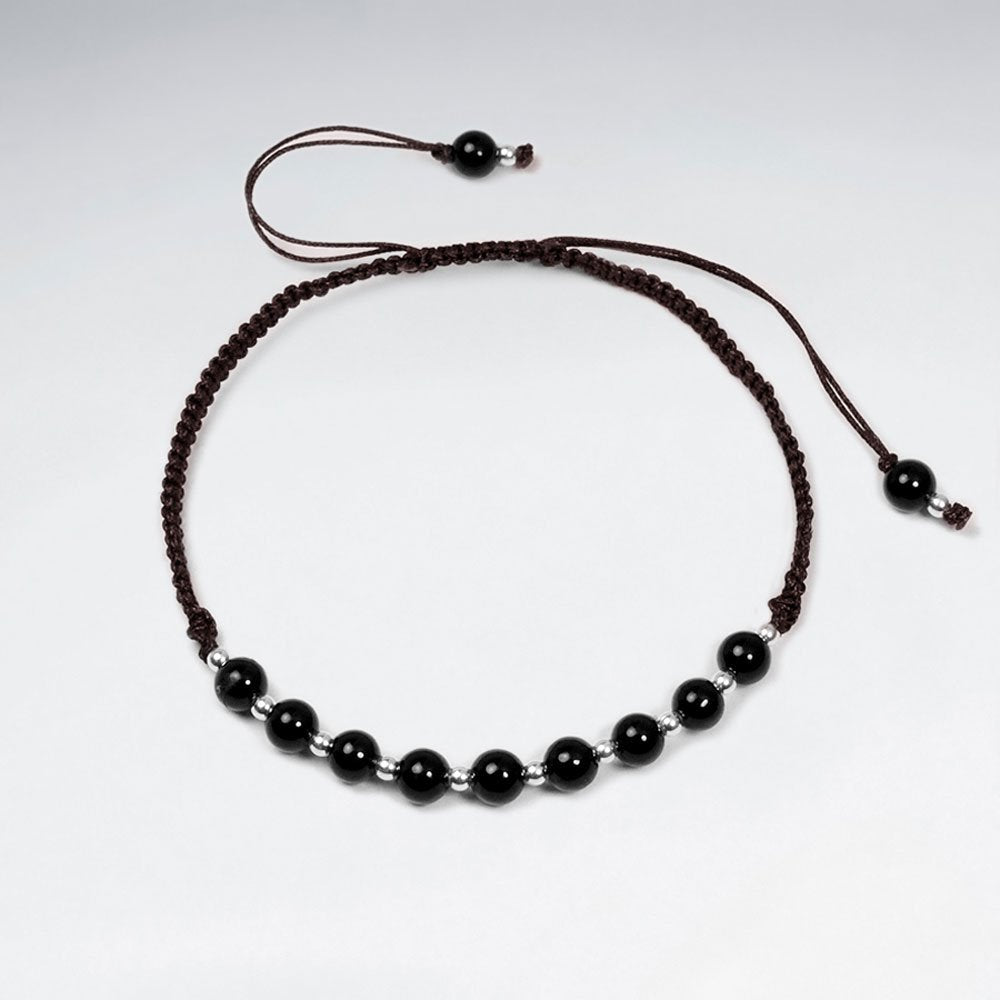 Adjustable Black Stone and Alternating Silver Charm Waxed Cotton Macrame Bracelet