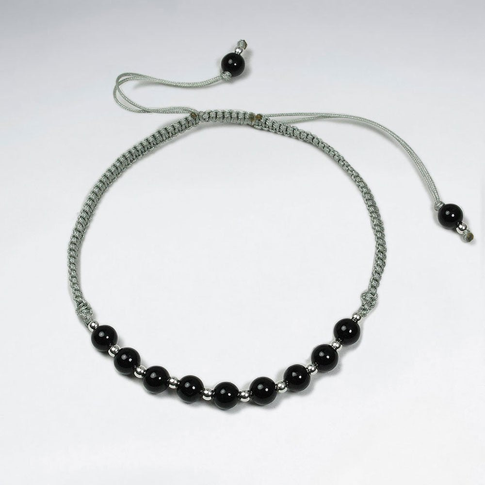 Adjustable Black Stone and Alternating Silver Charm Waxed Cotton Macrame Bracelet